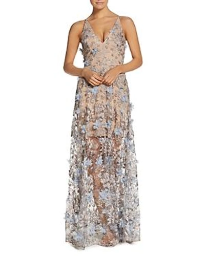 Shop Dress The Population Sidney Floral Illusion Gown In Mineral Blue