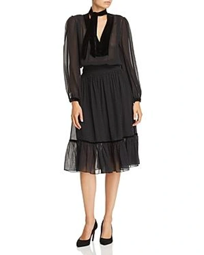 Shop Frame Velvet-trim Polka Dot Silk Dress In Noir Multi