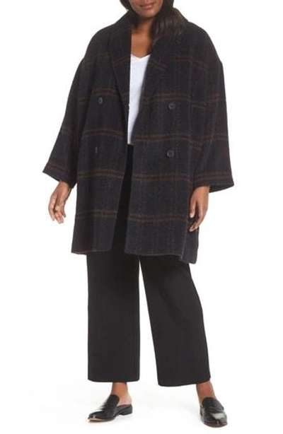 Shop Eileen Fisher Double Breasted Plaid Alpaca Blend Coat In Midnight