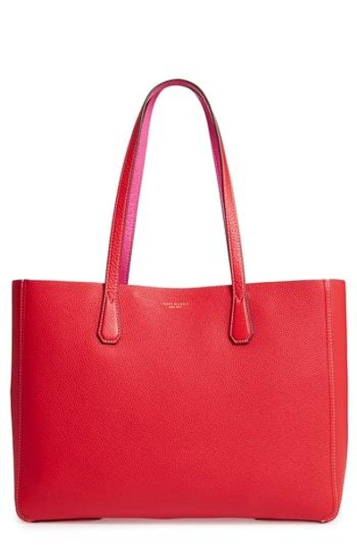 Shop Tory Burch Perry Leather Tote - Red In Brilliant Red / Crazy Pink