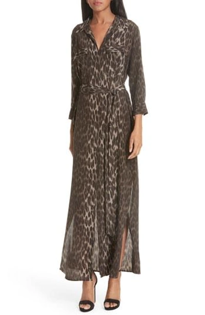 Shop L Agence Cameron Leopard Print Silk Maxi Shirtdress In Dark Olive