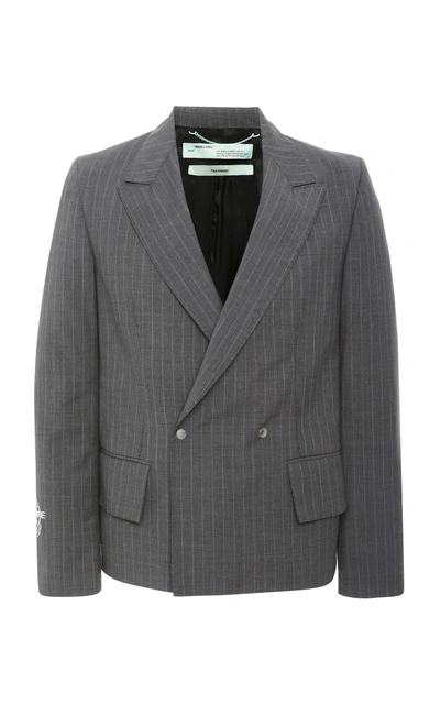 Shop Off-white Double-breasted Pinstripe Wool-crepe Blazer In Grey