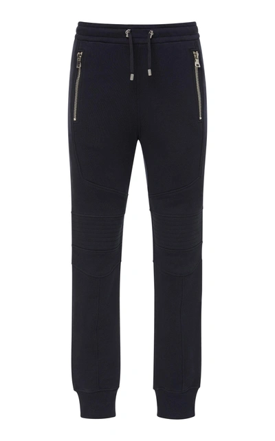 Shop Balmain Zip-detailed Cotton-jersey Biker Sweatpants In Navy