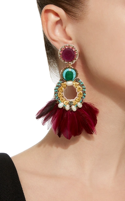 Shop Ranjana Khan Paquetá Feather Embellished Earrings In Burgundy
