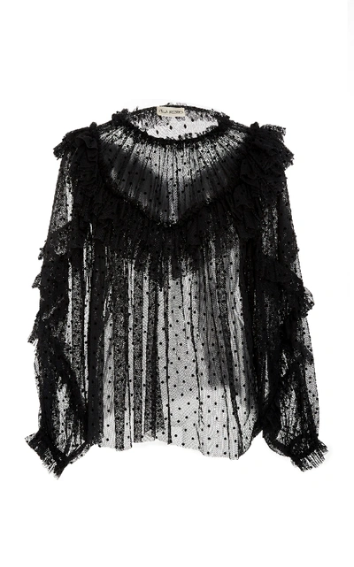 Shop Ulla Johnson Dita Ruffled Flocked Cotton-blend Tulle Blouse In Black