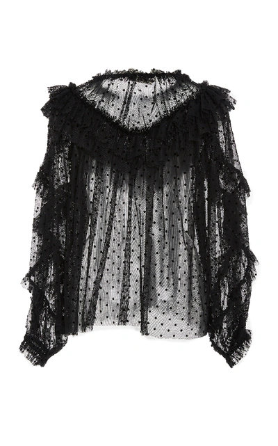 Shop Ulla Johnson Dita Ruffled Flocked Cotton-blend Tulle Blouse In Black