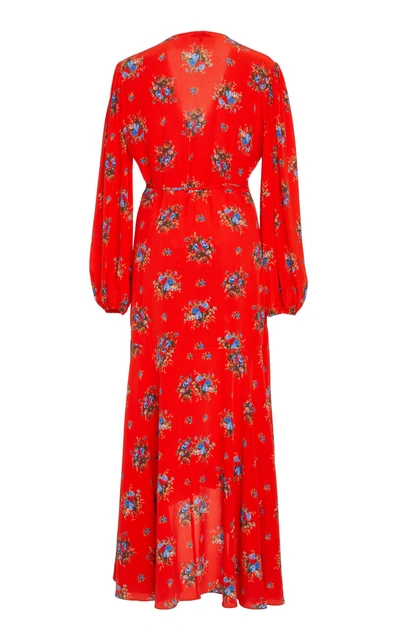 Shop Ganni Kochhar Floral-print Silk Crepe De Chine Wrap Dress In Red
