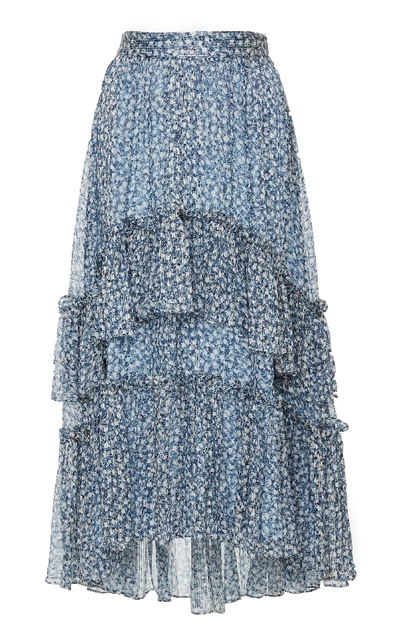 Shop Ulla Johnson Maria Floral Silk-chiffon Midi Skirt In Blue