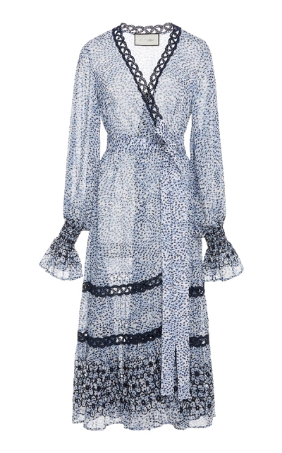 Shop Alexis Theo Lace-trimmed Cotton-blend Voile Wrap Dress In Blue