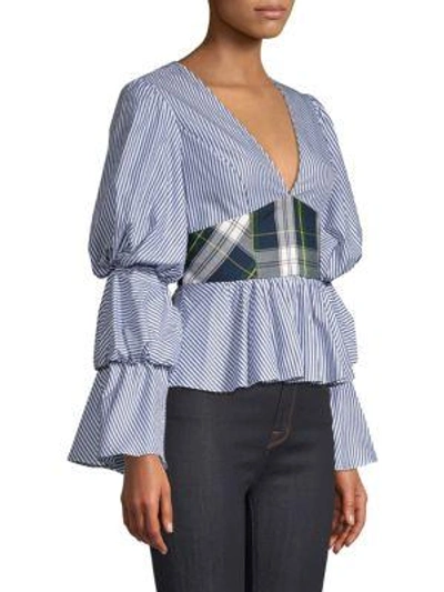 Shop Petersyn Randi Plaid Peplum Top In Cadet Galaway