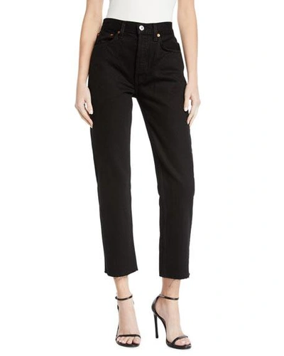 Shop Re/done High-rise Stovepipe Raw-edge Cropped Jeans In Black