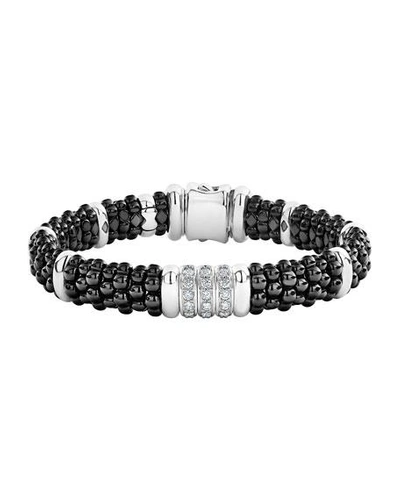 Shop Lagos Black Caviar Diamond 3-link Bracelet, 9mm