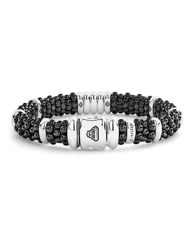 Shop Lagos Black Caviar Diamond 3-link Bracelet, 9mm