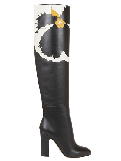 Shop Valentino Floral Over-the-knee Boots In 0no Nero