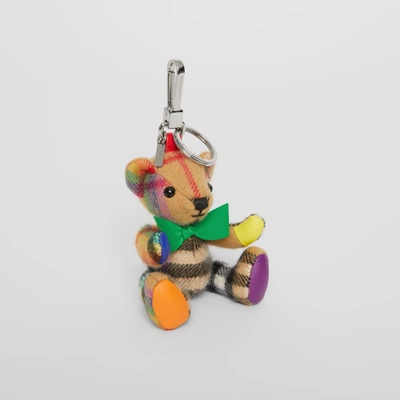 Shop Burberry Thomas Bear Charm In Rainbow Vintage Check Cashmere In Multicolour/ Antique Yellow