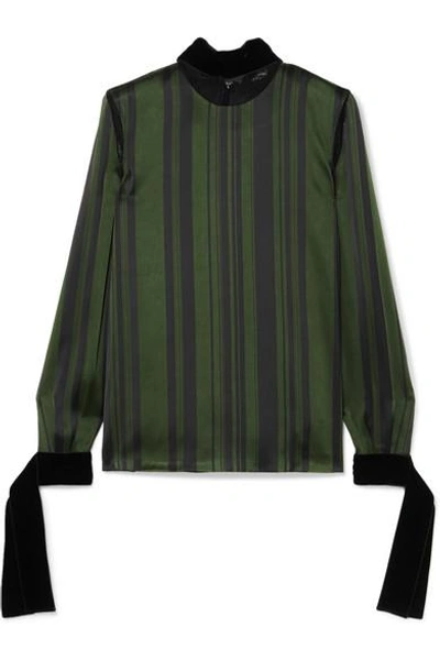 Shop Adeam Velvet-trimmed Lace-paneled Striped Satin Blouse In Emerald