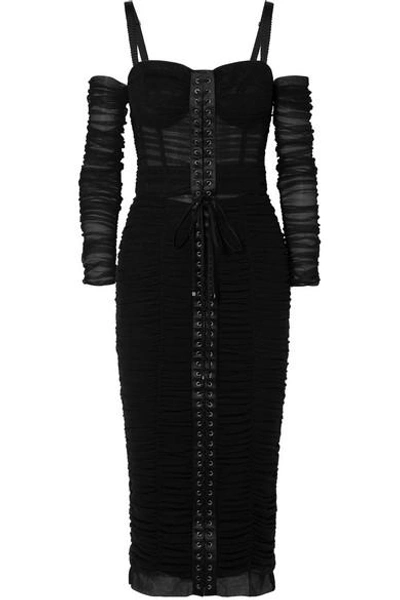 Shop Dolce & Gabbana Cold-shoulder Lace-up Stretch-tulle Midi Dress In Black