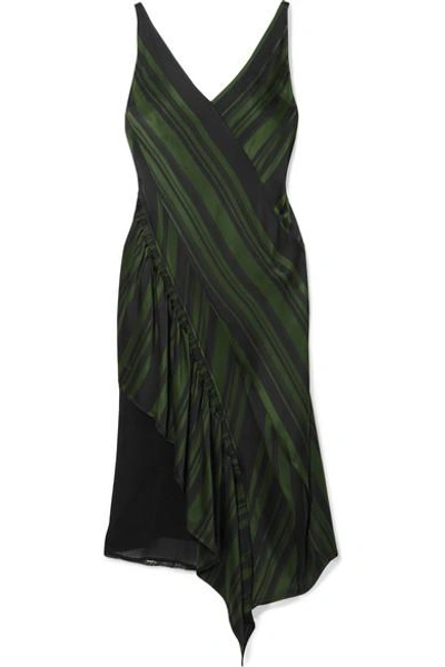 Shop Adeam Asymmetric Lace-paneled Striped Satin Midi Dress In Emerald