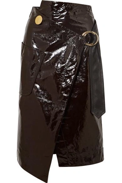 Shop Petar Petrov Asymmetric Patent-leather Wrap Skirt In Dark Brown