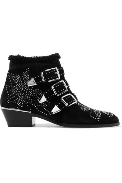 Shop Chloé Susanna Shearling-lined Studded Suede Ankle Boots In Black