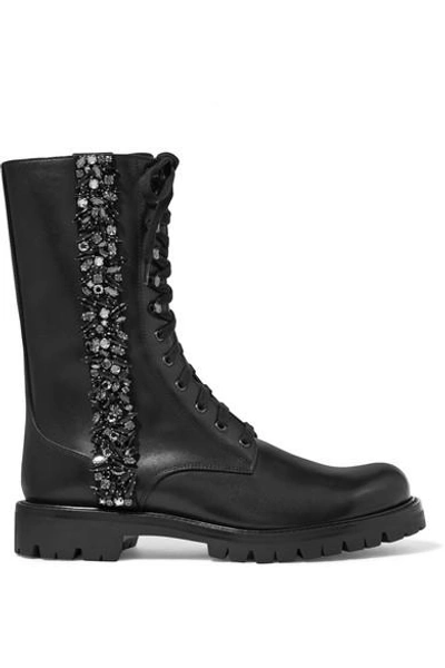 Shop René Caovilla Lace-up Crystal-embellished Leather Boots In Black