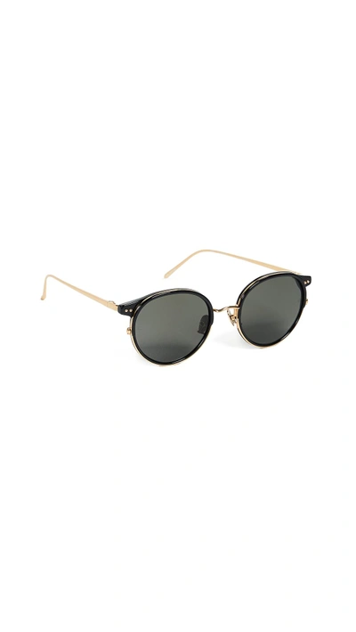 Shop Linda Farrow Luxe Round Sunglasses In Black Yellow Gold/grey