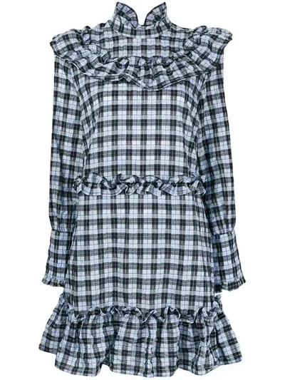 Shop Ganni Checked Ruffle Mini Dress - Blue