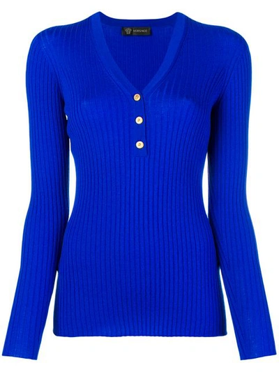Shop Versace Fitted Sweater In Blue