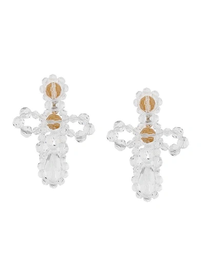 Shop Simone Rocha Crystal Embellished Cross Earrings In White