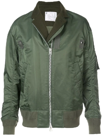 Shop Sacai Layered Blazer Bomber Jacket - Green