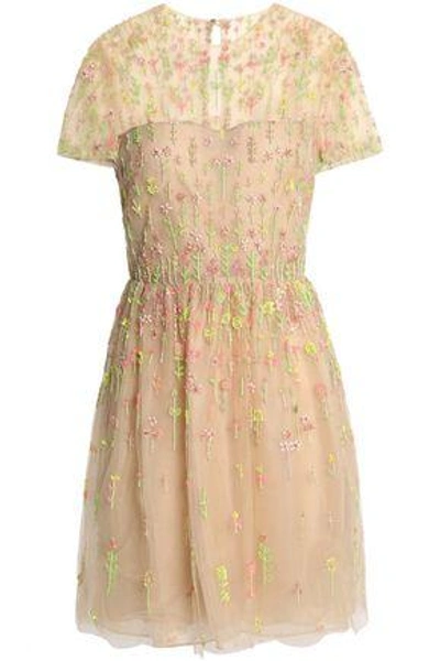 Shop Valentino Bead-embellished Tulle Mini Dress In Beige