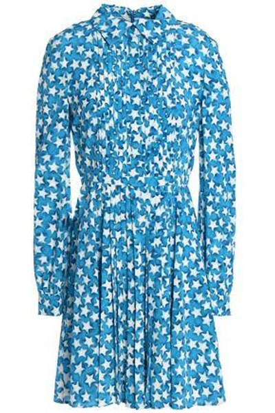 Shop Valentino Woman Pleated Printed Silk Crepe De Chine Mini Shirtdress Azure