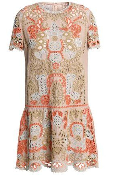 Shop Valentino Embellished Broderie Anglaise Linen Mini Dress In Orange