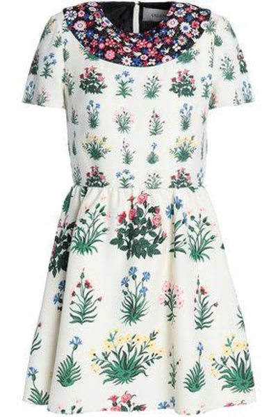 Shop Valentino Gathered Floral-print Wool And Silk-blend Crepe Mini Dress In Ivory