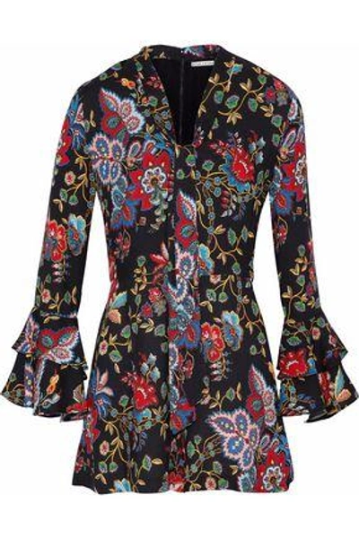 Shop Alice And Olivia Woman Macall Pussy-bow Floral-print Crepe Playsuit Black