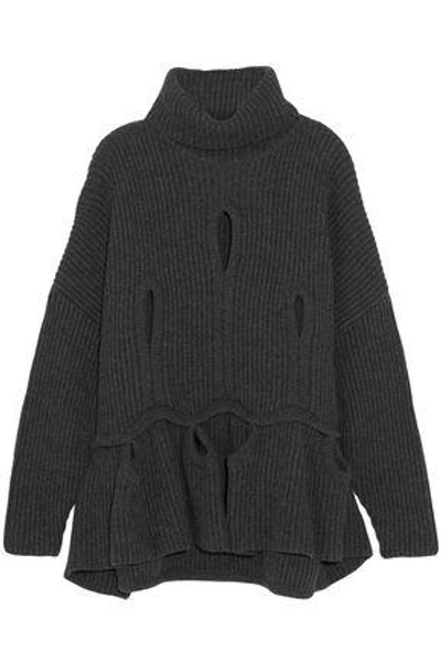 Shop Antonio Berardi Woman Cutout Wool And Cashmere-blend Turtleneck Sweater Charcoal