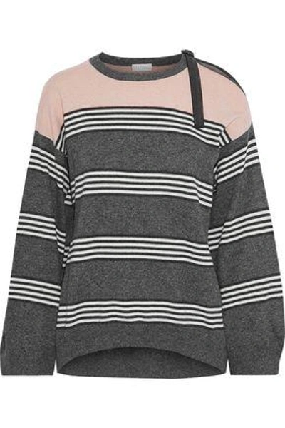 Shop Brunello Cucinelli Bead-embellished Striped Cashmere Sweater In Dark Gray