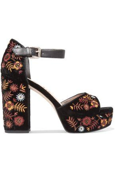 Shop Sam Edelman Woman Embroidered Velvet Platform Sandals Black