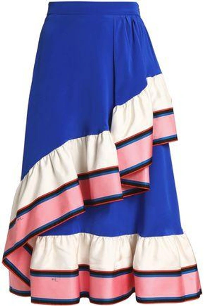 Shop Emilio Pucci Woman Wrap-effect Paneled Silk-twill And Crepe De Chine Midi Skirt Cobalt Blue