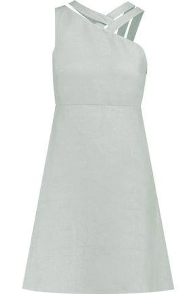 Shop Valentino Cutout Linen Mini Dress In Grey Green