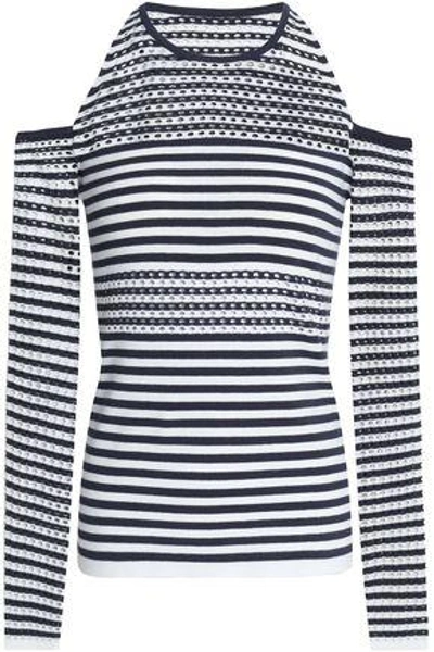 Shop Bailey44 Bailey 44 Woman Stadium Cold-shoulder Striped Pointelle-knit Sweater Storm Blue