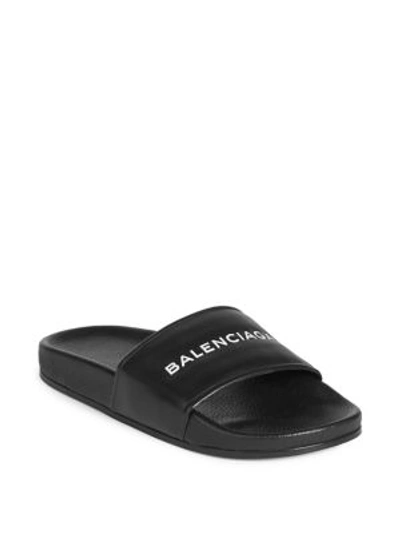 Shop Balenciaga Leather Logo Pool Slides In Black