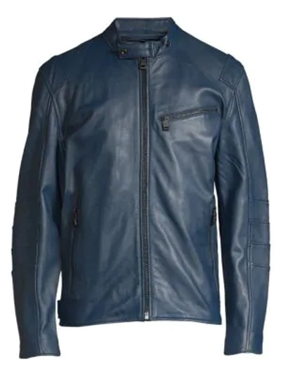 Shop Andrew Marc Weston Leather Moto Jacket In Navy