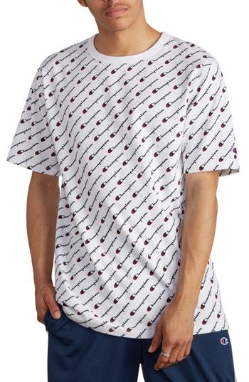 white champion shirt with logo all over