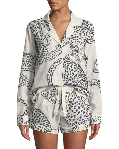 Desmond & Dempsey Leopard Print Classic Short Pajama Set In White/black