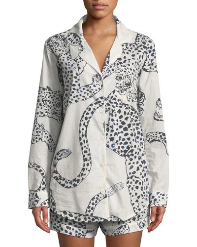 Desmond & Dempsey Leopard Print Classic Short Pajama Set In White/black