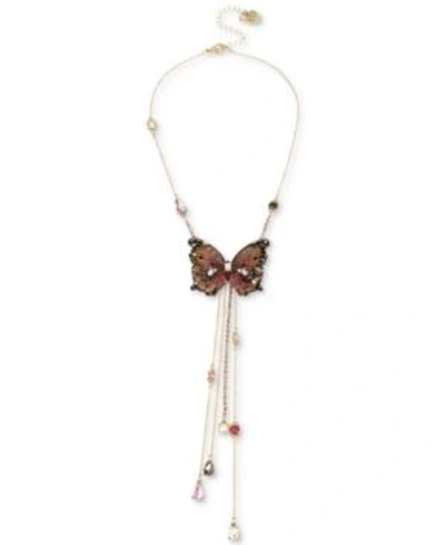 Shop Betsey Johnson Gold-tone Bead & Butterfly 16" Lariat Necklace In Pink