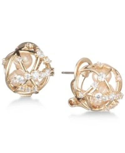 Shop Carolee Gold-tone Crystal & Imitation Pearl Caged Button Earrings