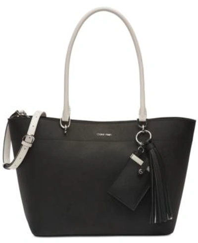 Shop Calvin Klein Susan Saffiano Leather Tote In Black/white/silver