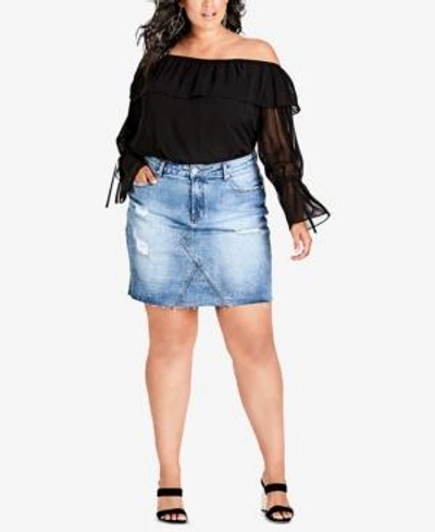 Shop City Chic Trendy Plus Size Fray-hem Mini Skirt In Denim